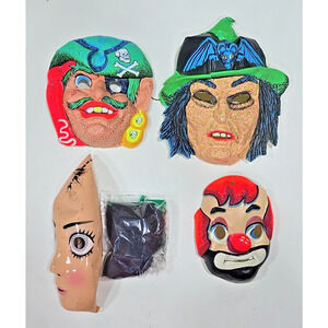1960's Halloween Masks Lot of 4 Witch Pirate Hobo Lady's Face* U215c